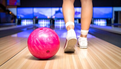 Bowling lane focus on a pink ball, legs, and shoes, with background of bowling alley and bowling pins in blur
