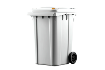 White trash can with lid, rectangular shape, and two small wheels