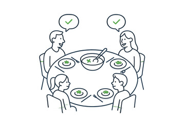 Parents and children sharing a meal at a dining table with checkmarks indicating satisfaction