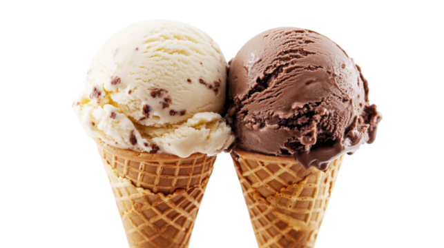 Two ice cream cones vanilla chocolate isolated on a transparent background