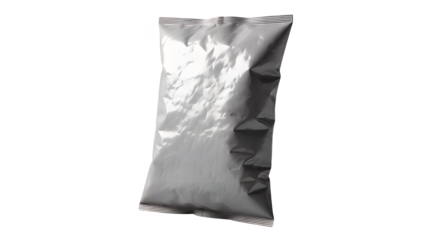Crinkled silver foil packaging pouch, ready for brand design or product display, empty and versatile mockup, isolated on a clean transparent background