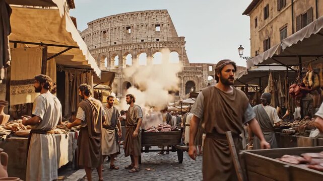 Ancient romans engaging in daily life at a vibrant street market, buying and selling goods with food cooking over fire, under the watchful presence of the iconic colosseum