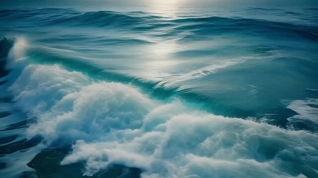 Macro slow-motion footage of sea foam forming and dissolving on moving ocean waves, high-detail surface texture, natural blue tones