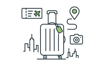 Travel planning elements featuring suitcase, airplane ticket, camera, and location pin icons