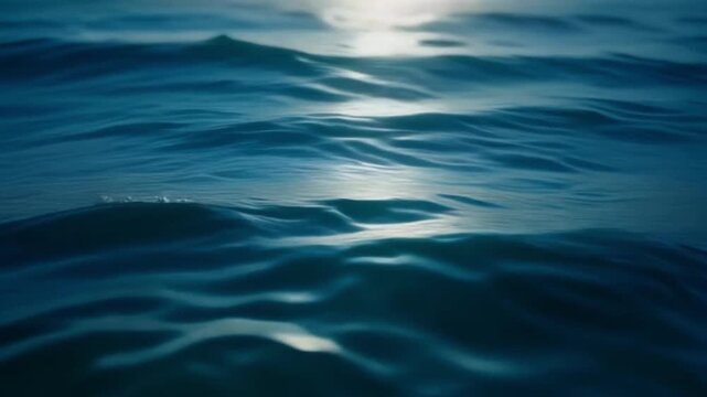 Macro cinematic footage of small wavelets and ripples on the surface of the deep ocean, subtle light play, peaceful and mesmerizing motion
