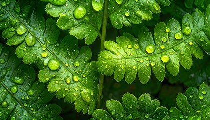 Lush green fern fronds covered in dewdrops, filling the frame with vibrant color and intricate leaf structure