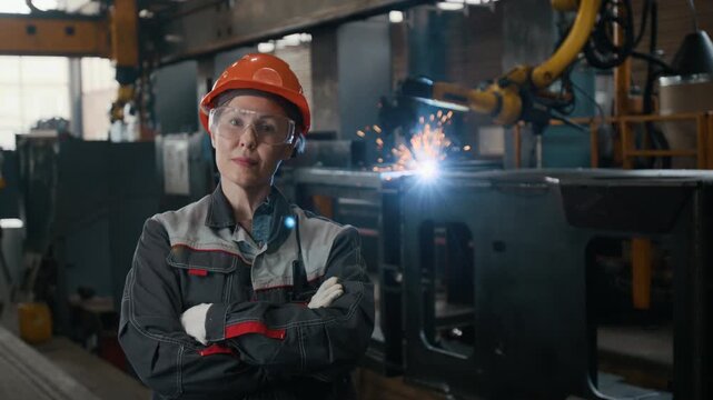 Portrait of middle aged forewoman wearing coveralls and protective hard hat posing with arms crossed while standing on welding shop floor of metal fabrication plant, slow motion