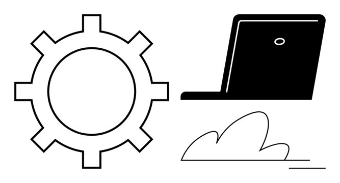 Gear and laptop connected with a cloud element evoke themes of innovation, technology, productivity, cloud computing, digital transformation, software development, and automation. Simple flat