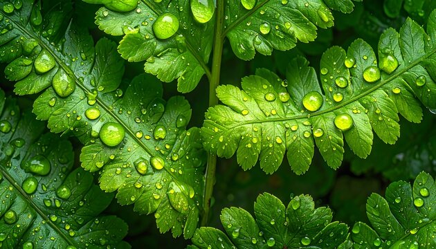 Lush green fern fronds covered in dewdrops, filling the frame with vibrant color and intricate leaf structure
