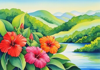 Vibrant hibiscus flowers overlooking a serene tropical river landscape