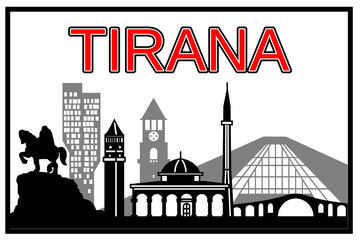 Black and white silhouette of the Tirana, Albania skyline, featuring famous landmarks like Skanderbeg's Statue, the Clock Tower, the Pyramid, and Et'hem Bey Mosque. Ideal for travel or city themes