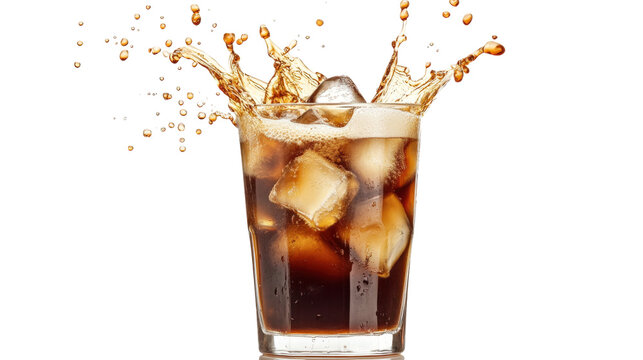 Cola drink splash with ice cubes isolated on a transparent background