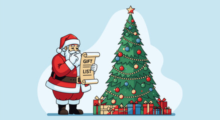 Fototapeta premium Santa Claus with Gift List Beside Christmas Tree.