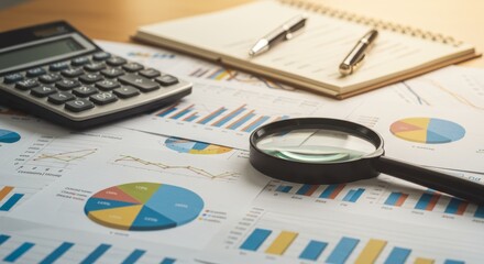 Financial analysis tools with calculator, magnifying glass, charts, and notebook on desk