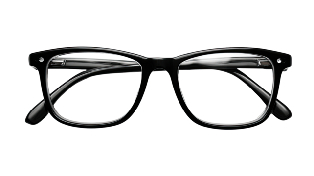 Sleek, black-rimmed glasses reflect light on a stark, solid background