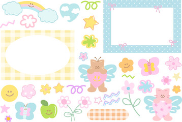 Cute pastel illustrations with cat, butterfly, rainbow, flowers, frames, heart, apple for animal, polaroid photo, ad template, stickers, nature, garden, floral print, cartoon characters, mascot, fruit