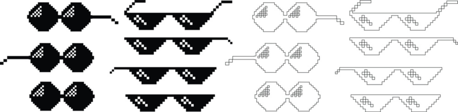 Pixel sunglasses icons set, retro pixelated glasses collection, meme and cool accessory vector illustration, black flat and line style design, digital 8-bit shades set on transparent background