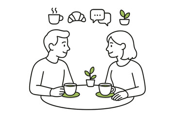 Couple having a casual conversation over coffee with breakfast icons floating above
