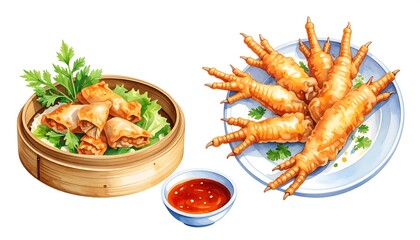 Watercolor depiction of Asian cuisine. Spring rolls in a bamboo steamer and fried chicken feet on a plate, accompanied by dipping sauce
