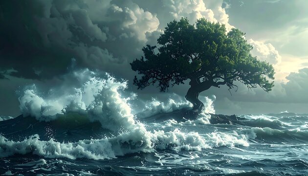 Powerful ocean waves crash around a lone tree under a stormy, cloudy sky