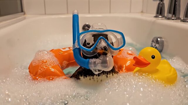 Penguin lounges in a foamy bathtub wearing snorkel, mask and arm floats, a rubber duck nearby &mdash; whimsical, relaxing bath-time scene of playful pampering and comfort
