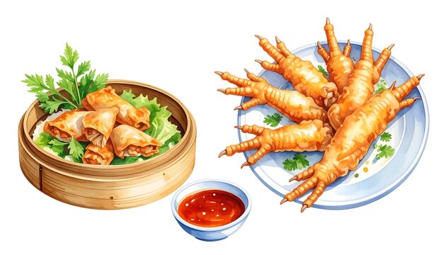Watercolor depiction of Asian cuisine. Spring rolls in a bamboo steamer and fried chicken feet on a plate, accompanied by dipping sauce - Powered by Adobe