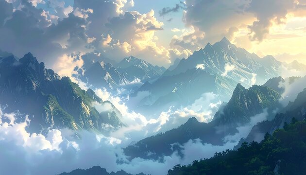 Dreamy mountain range view with layered misty valleys, illuminated by a golden light from above the clouds