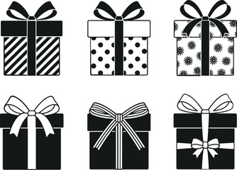 Six black and white gift boxes with bows present ribbon