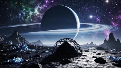 Geodesic dome habitat standing on a rugged alien planet surface with glowing blue crystals, a ringed gas giant planet, nebulae, and stars filling the dark sky - Powered by Adobe