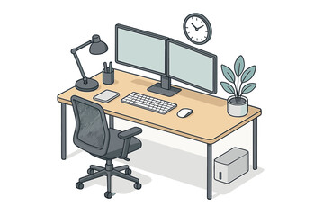Modern ergonomic workspace setup with dual monitors and chair on a wooden desk