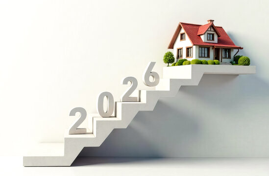 White numbers 2026 on the stairs and a private new house on a light background with copy space. Direction of development of the real estate market and private sector in 2026, purchase of a new home