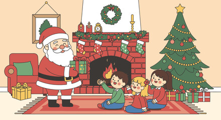 Santa Claus Visiting Children by Fireplace on Christmas Eve.