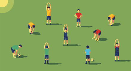 Soccer players stretching on a green field preparing for a game.