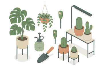 Fototapeta premium Isometric set of indoor gardening elements with potted plants, cactus, grow light, and cultivation tools