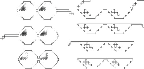 Pixel sunglasses icons set, retro pixelated glasses collection, meme and cool accessory vector illustration, black line style design, digital 8-bit shades set on transparent background
