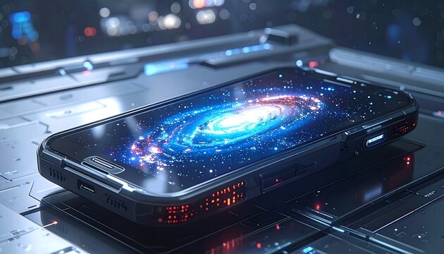 Phone displaying a spiral galaxy, resting on a futuristic, metallic, platform with blurred, glowing city lights