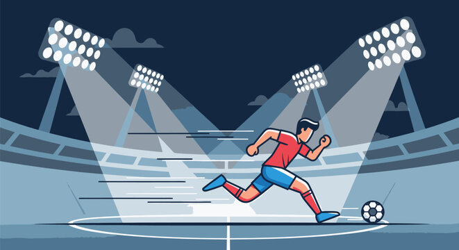 Soccer Player Sprinting with Ball Under Stadium Lights.