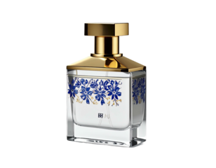 A clear perfume bottle with blue floral designs & gold cap on a black background