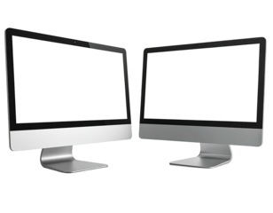 Two sleek, silver, screen-filled computer displays set against a stark black backdrop