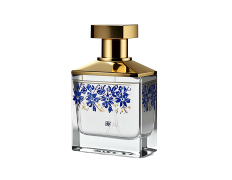 A clear perfume bottle with blue floral designs & gold cap on a black background