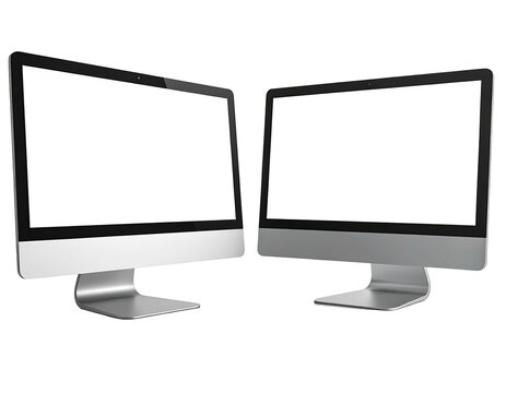 Two sleek, silver, screen-filled computer displays set against a stark black backdrop - Powered by Adobe