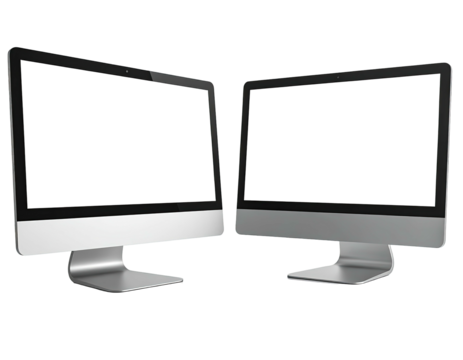 Two sleek, silver, screen-filled computer displays set against a stark black backdrop