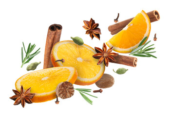 Mulled wine ingredients falling on white background. Traditional Christmas drink