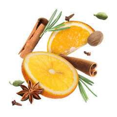 Mulled wine ingredients falling on white background. Traditional Christmas drink