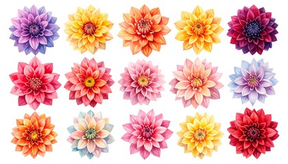 Watercolor Depiction Fifteen Colorful Dahlia