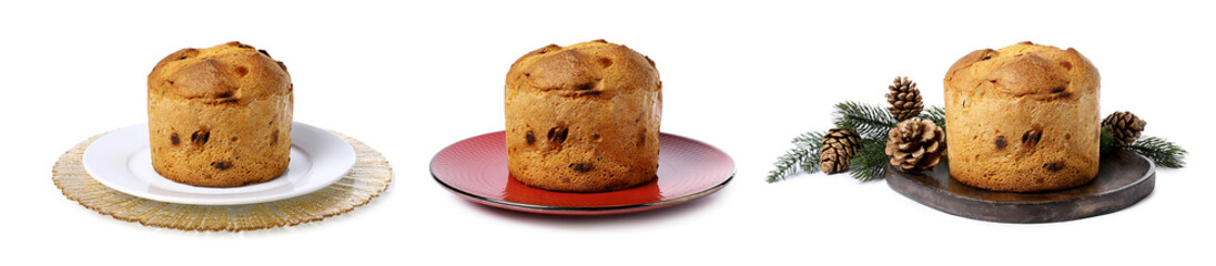 Christmas food. Delicious Panettone cakes isolated on white, set