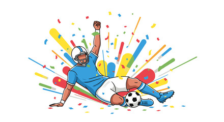 Victorious Soccer Player Celebrating Goal with Confetti.
