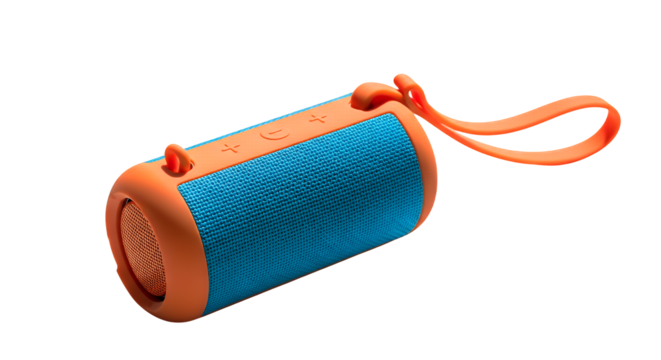 Vibrant blue and orange portable wireless audio speaker with a convenient carrying strap, designed for outdoor music enjoyment, studio shot isolated on a clean transparent background