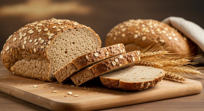 Freshly baked whole grain bread on wooden board with wheat stalks