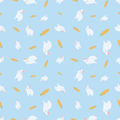 Cute Bunny Seamless Pattern with Blue Background